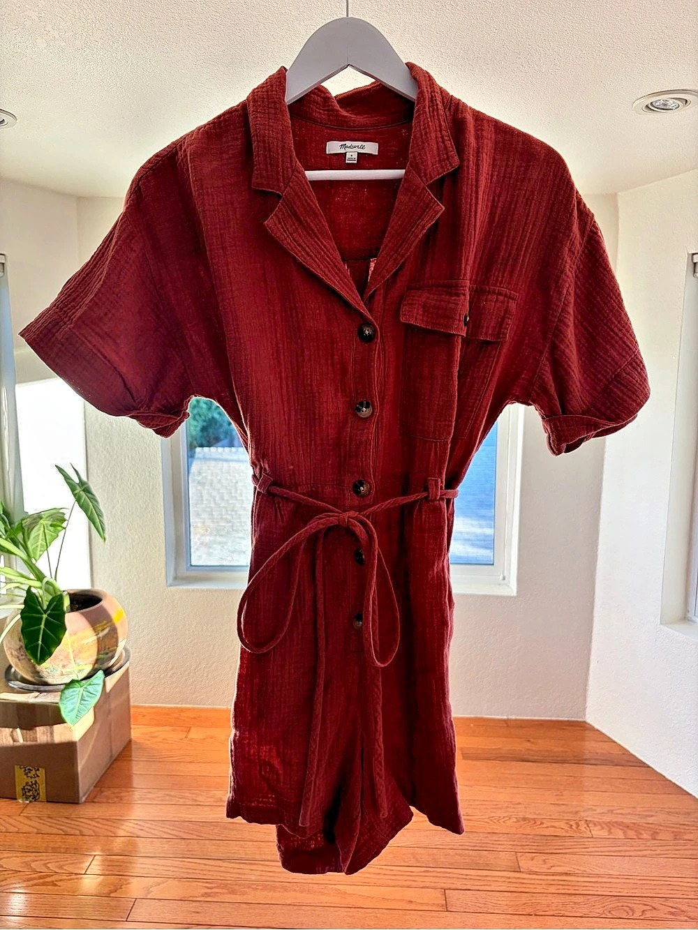 Madewell Lightspun Belted Safari Romper Red Small. Never worn.